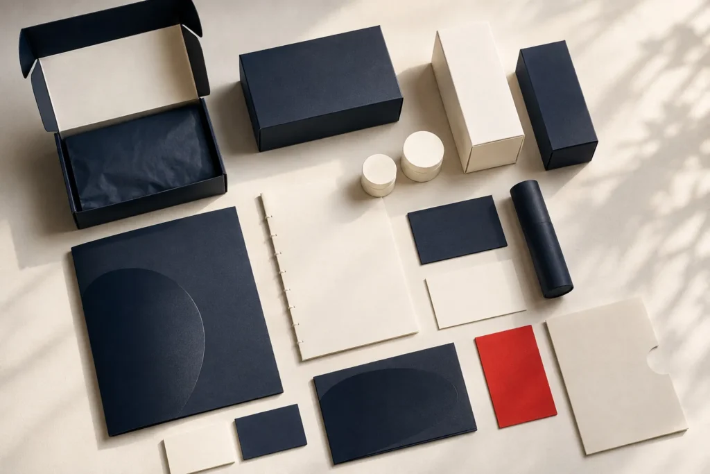 Branded packaging, boxes and stationery in navy, cream and red