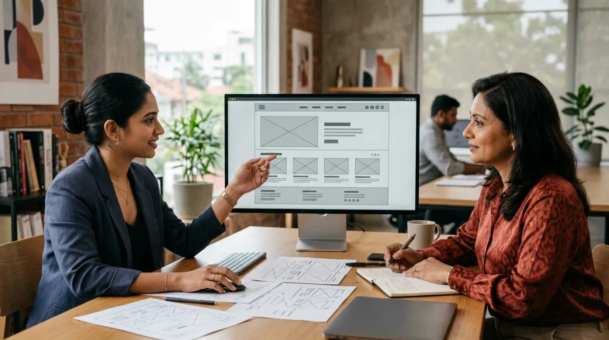 Web designer and business owner reviewing a website wireframe on a monitor, with layout sketches on the desk