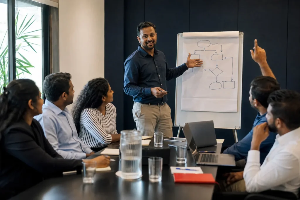 Facilitator leading a corporate training workshop at a whiteboard