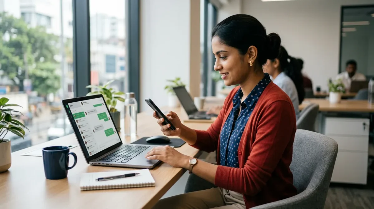 Customer-service agent replying to customer chats on a smartphone, with a chat inbox open on a laptop