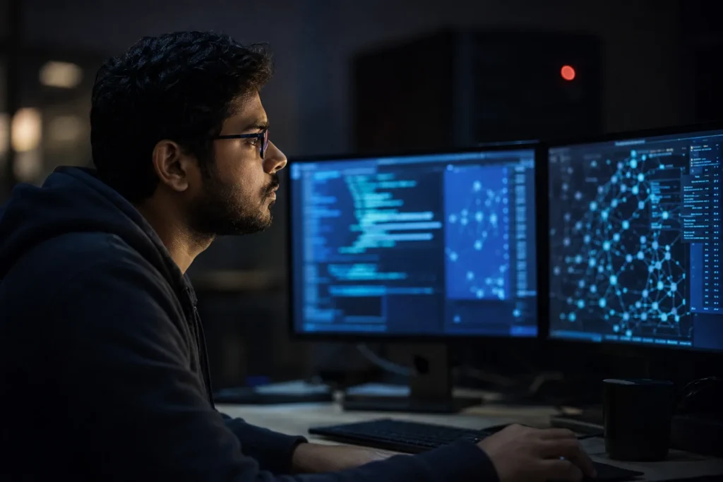 Security analyst monitoring network activity across several screens