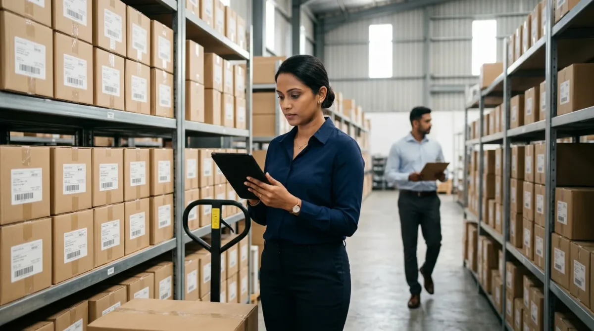 Operations manager checking stock levels on a tablet between warehouse shelves of boxed goods