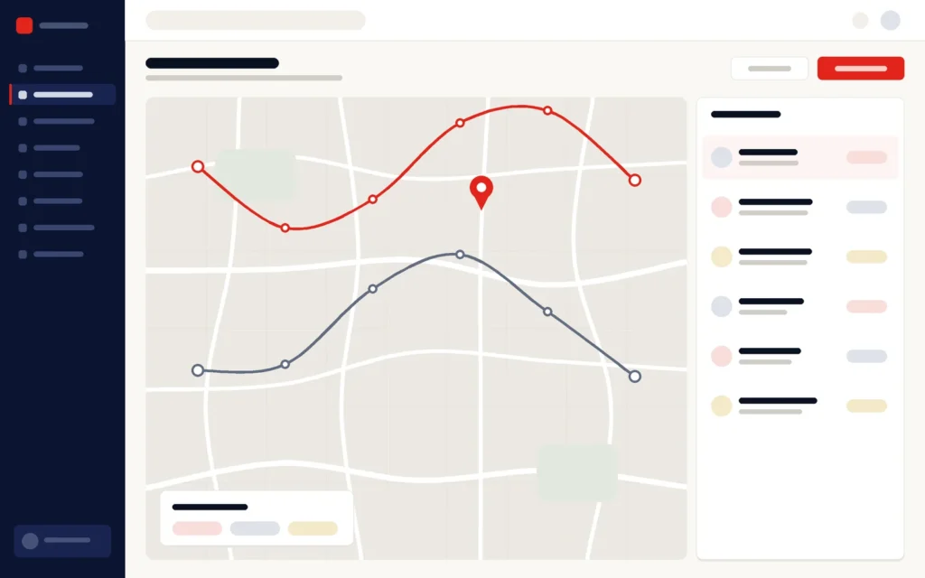 Illustration of a dispatch screen: delivery routes on a map beside a list of drivers