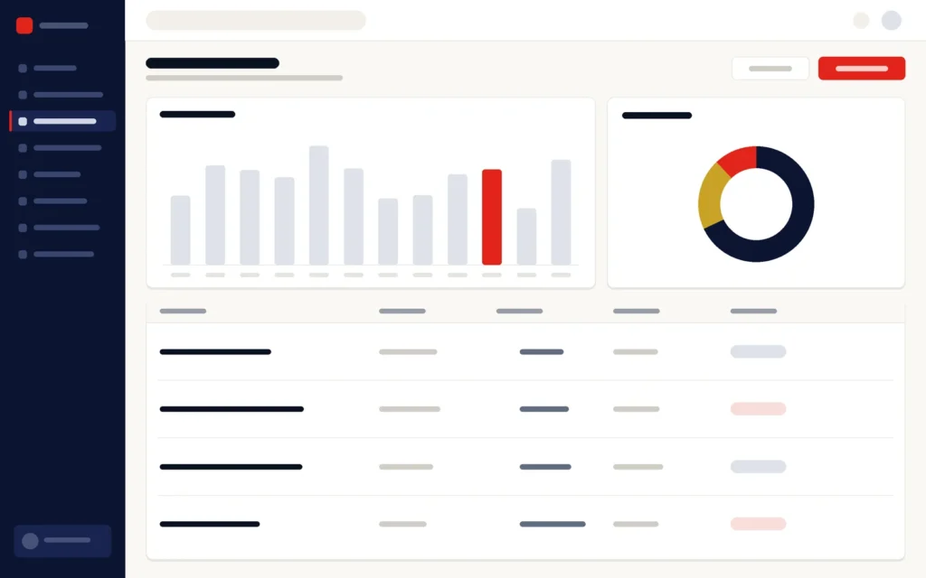 Illustration of a renewals screen: a monthly chart and invoice statuses