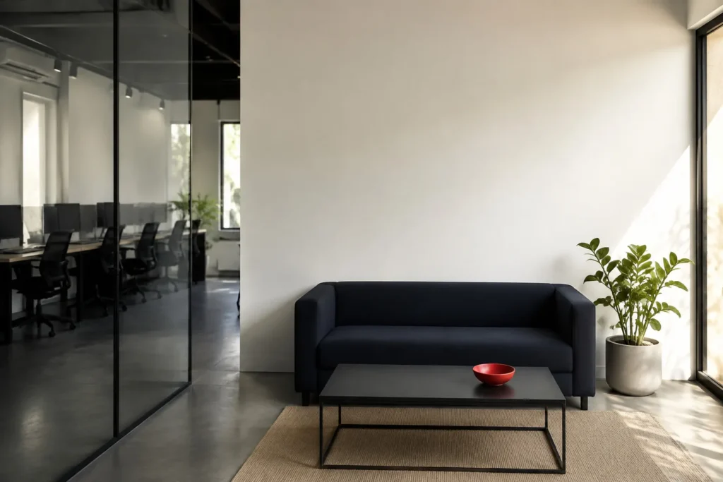 Bright modern office interior with a glass-walled meeting room