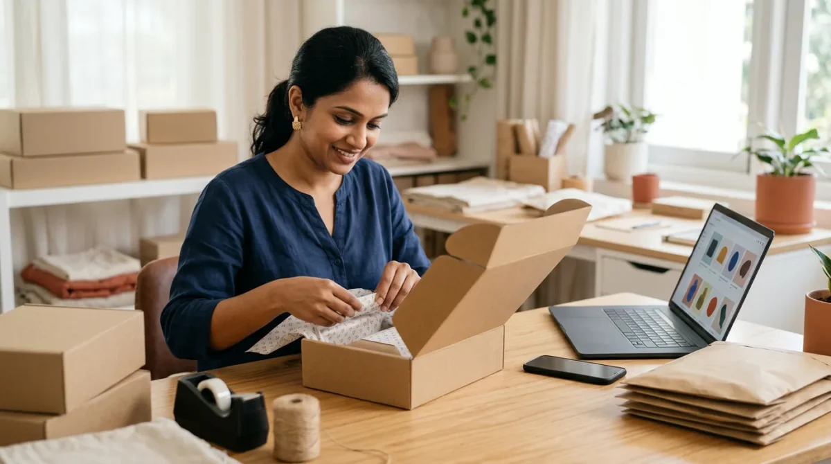 Small-business owner packing an online order into a kraft box, with an online store open on a laptop