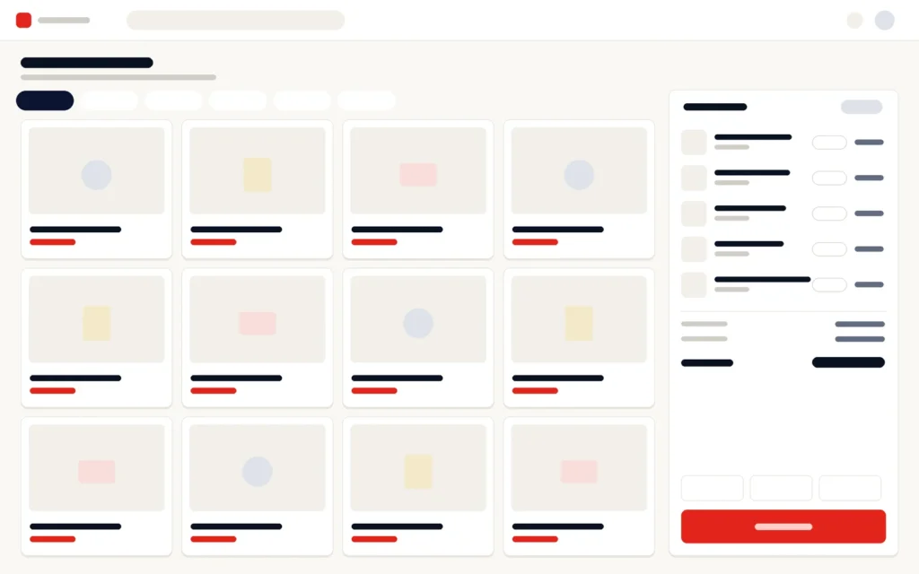 Illustration of a checkout screen: product tiles beside the cart and a pay button
