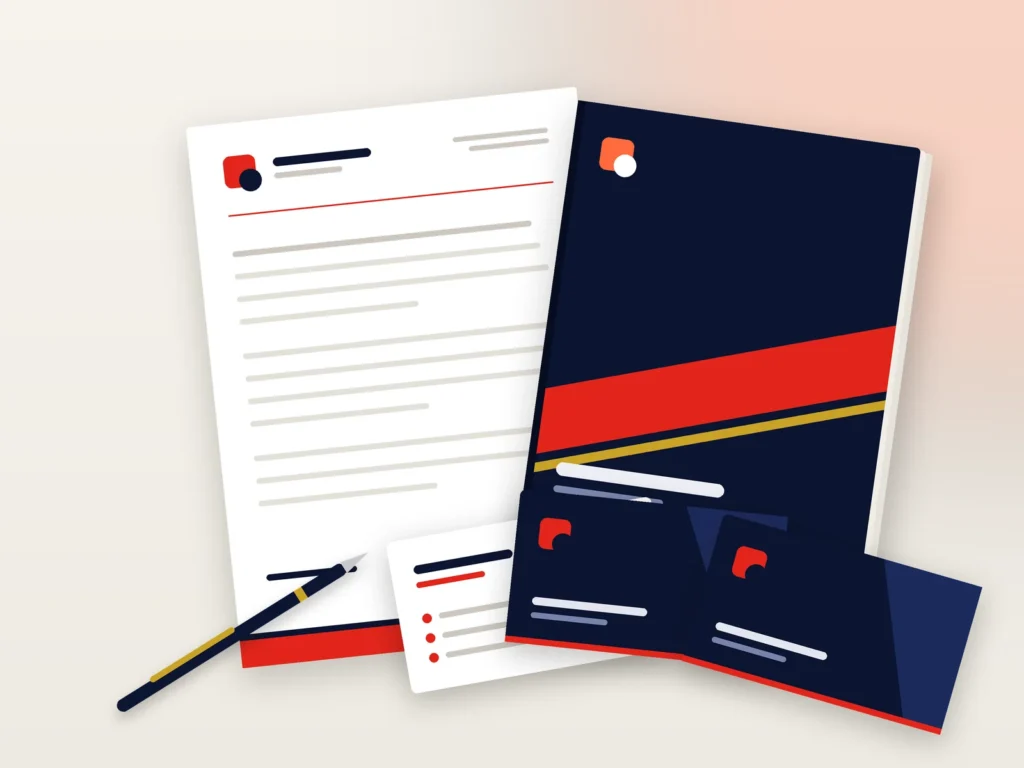 Illustration of business cards, a letterhead and a company profile