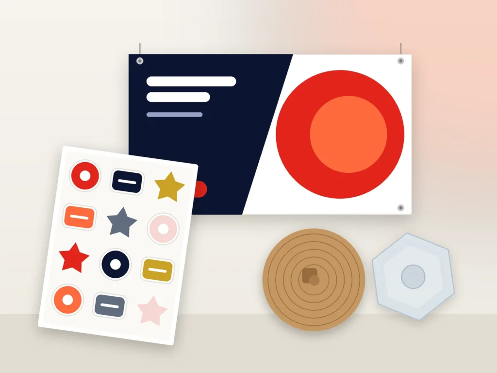 Illustration of a flex banner, a sheet of vinyl stickers and laser-cut and engraved pieces
