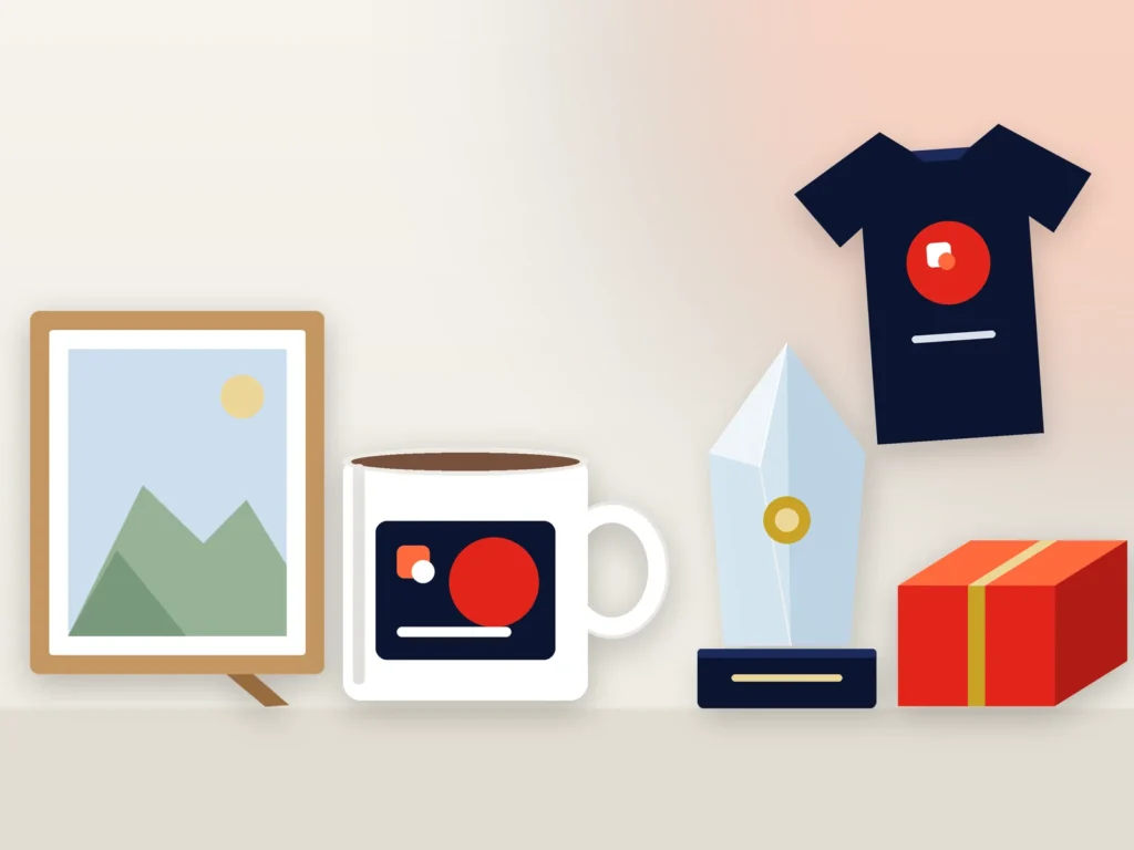 Illustration of a photo frame, a printed mug, a crystal award, a gift box and a printed T-shirt