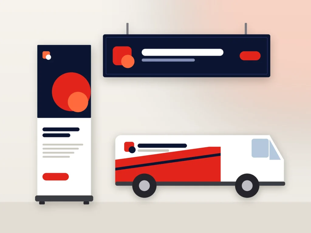 Illustration of a shop signboard, a roll-up stand and a branded van