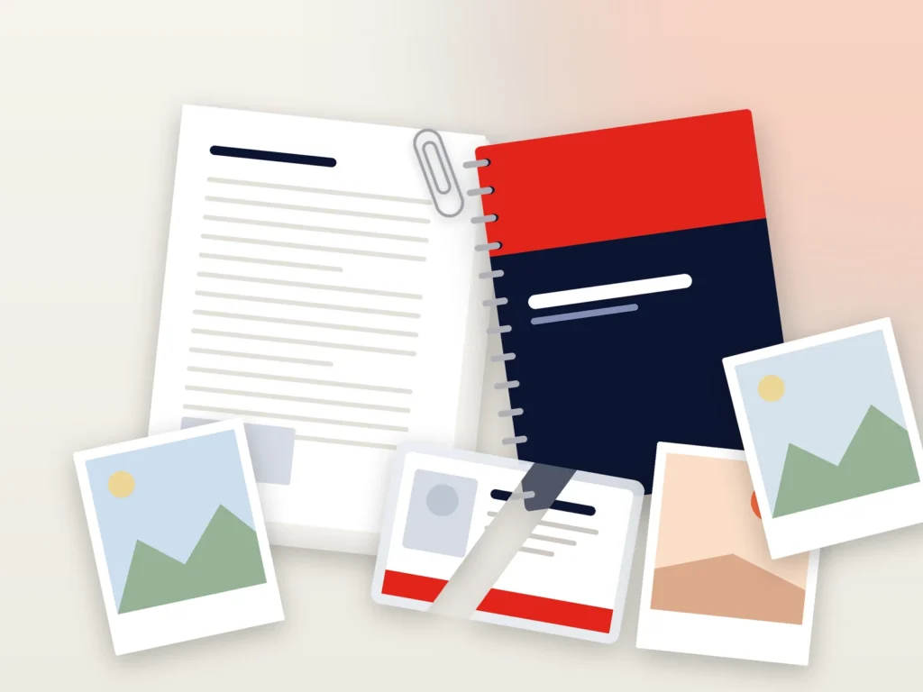 Illustration of photocopies, a spiral-bound book, a laminated card and photo prints