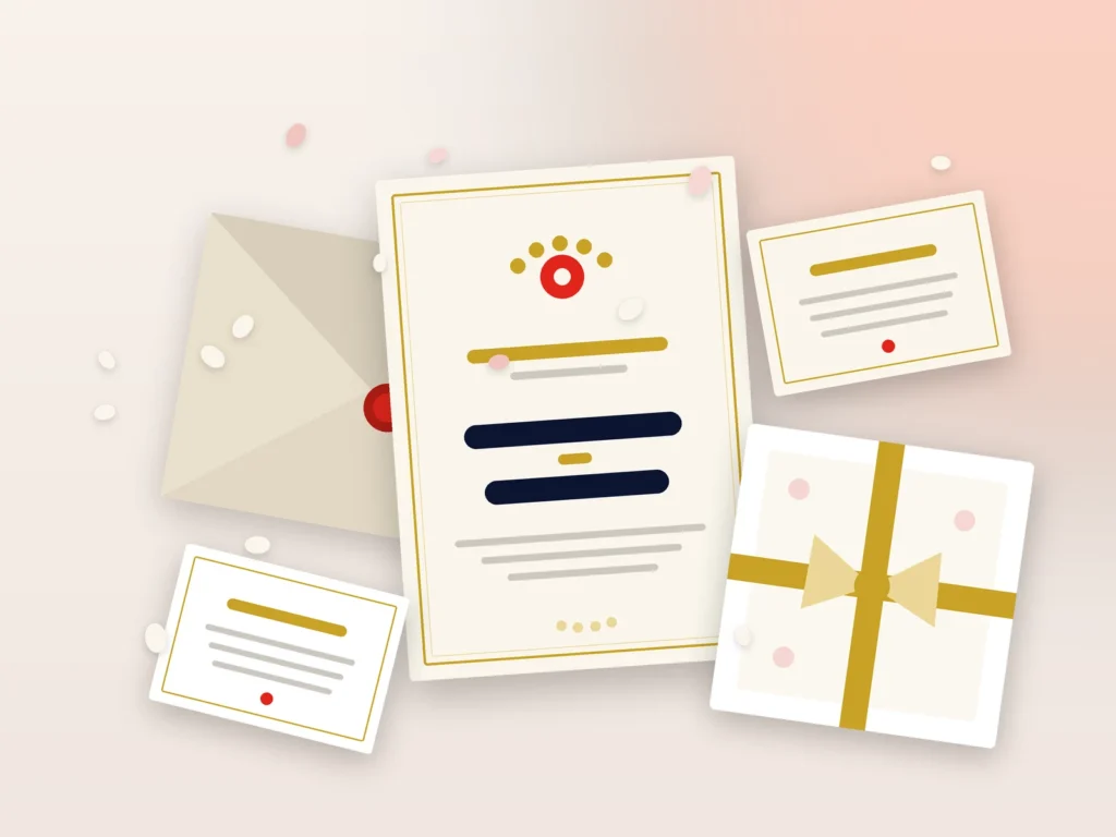Illustration of a wedding invitation with its envelope, RSVP cards and a cake box