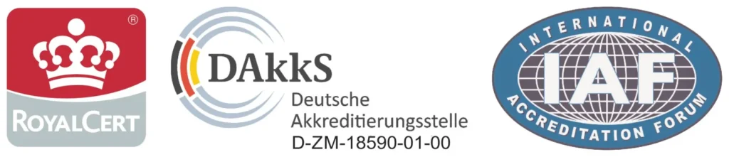 RoyalCert certification mark, with the DAkkS accreditation mark and the IAF mark