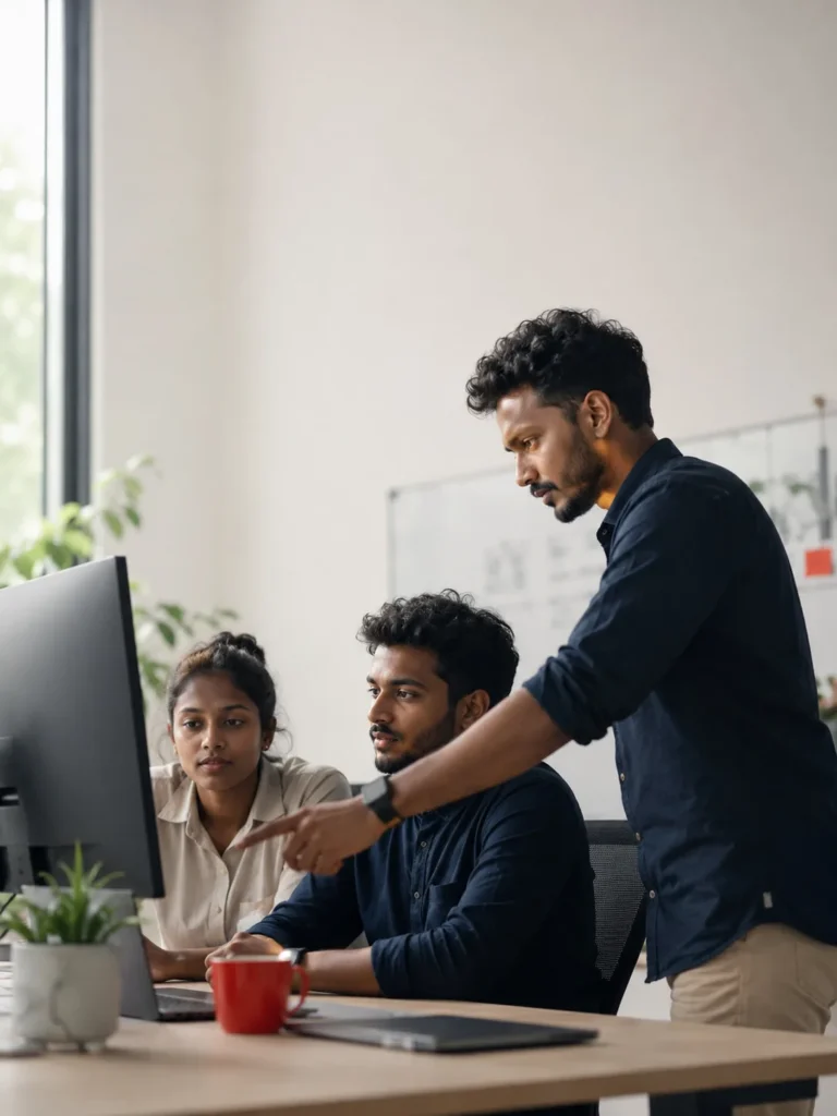 Software developers reviewing code together at a workstation