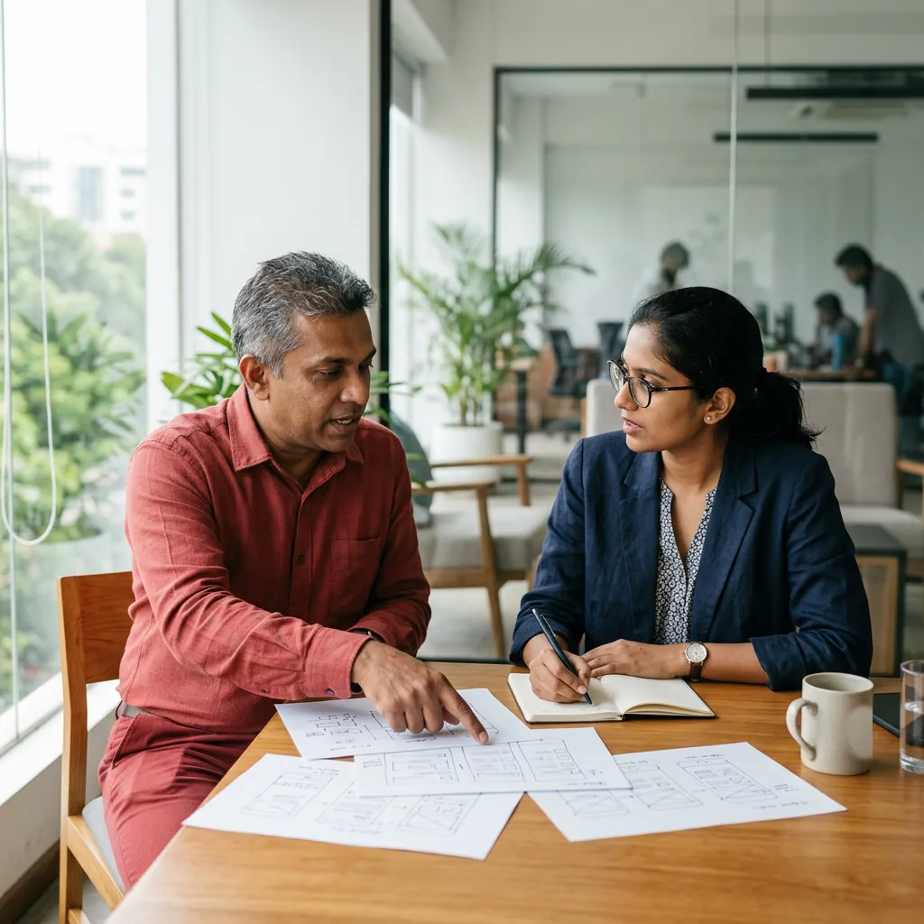 Designer taking notes while a client points at printed layout sketches on a table