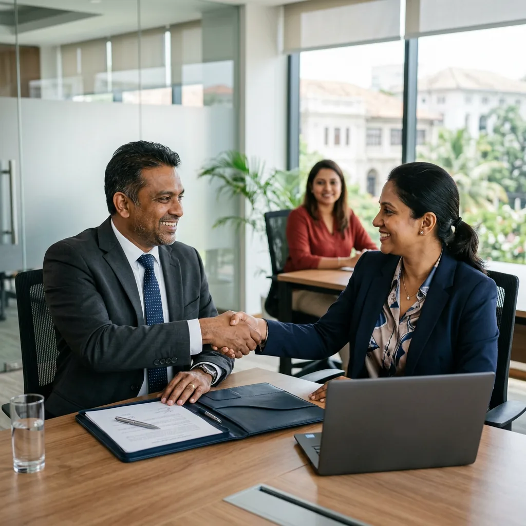 Two business people shaking hands across a meeting table beside a signed folder