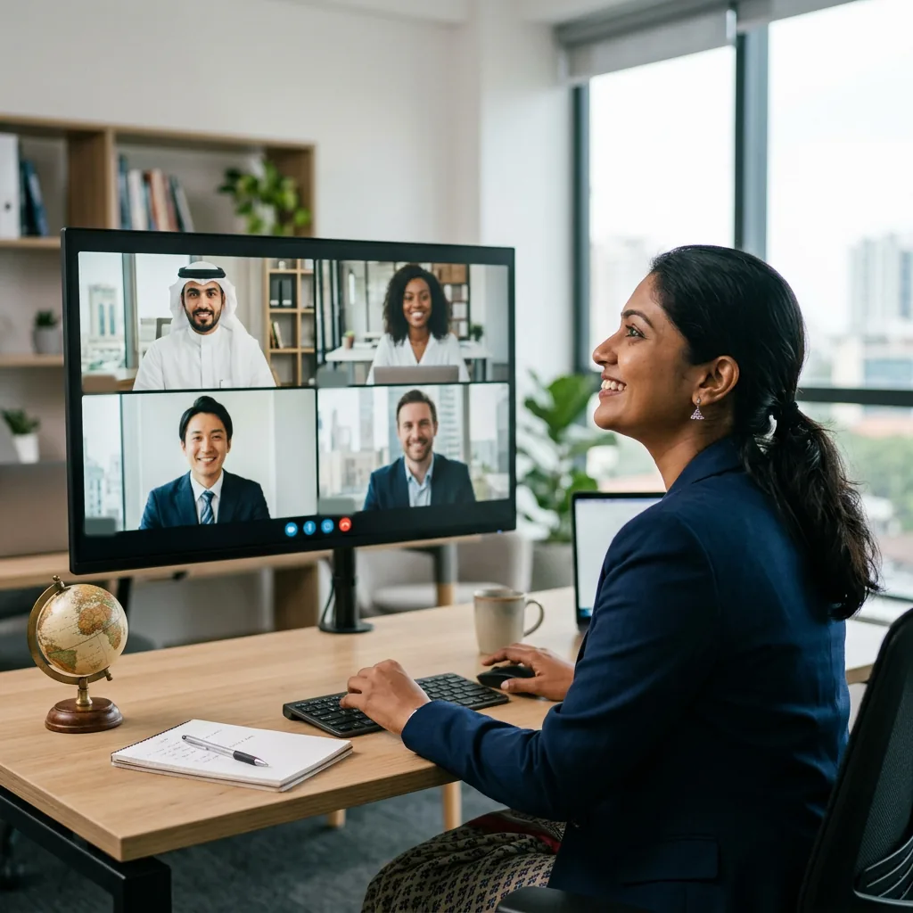 Consultant on a video call with four international business people