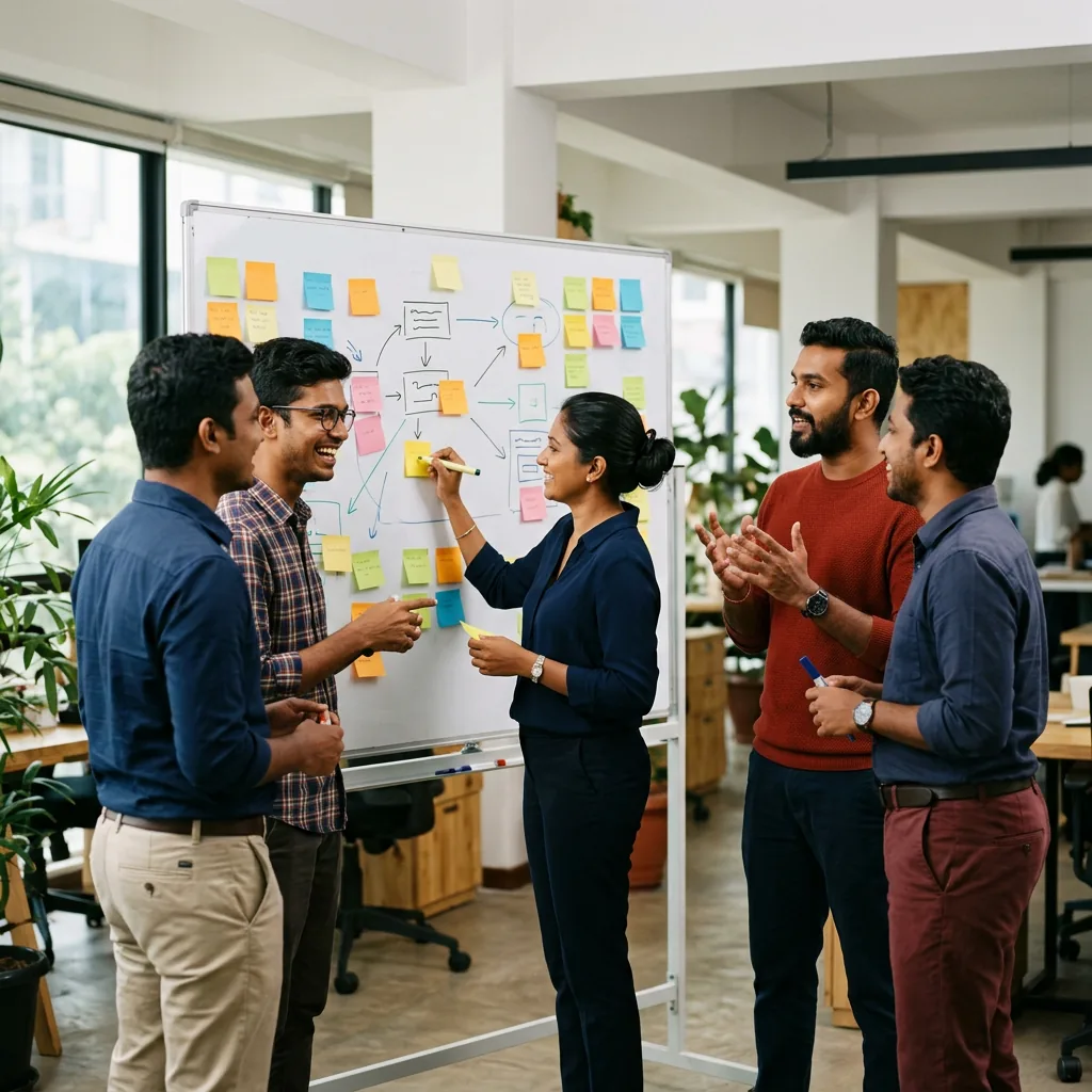 Team planning at a whiteboard covered in sticky notes and flow diagrams