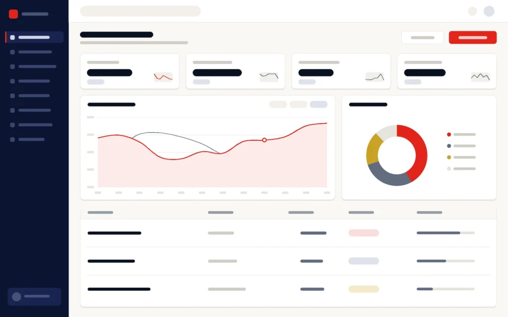 Illustration of a management dashboard: summary figures, a trend chart and a breakdown chart