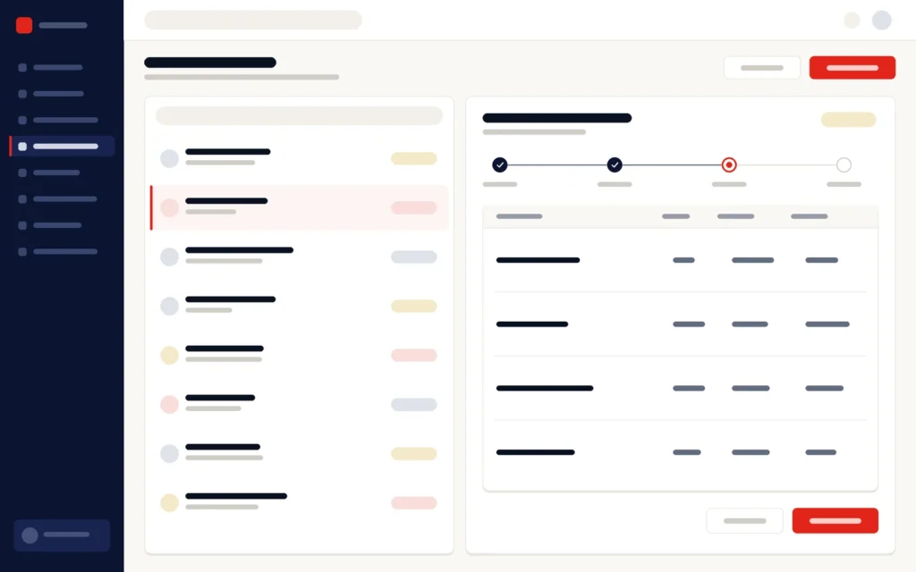 Illustration of a purchase approval screen: a list of requests beside approval steps